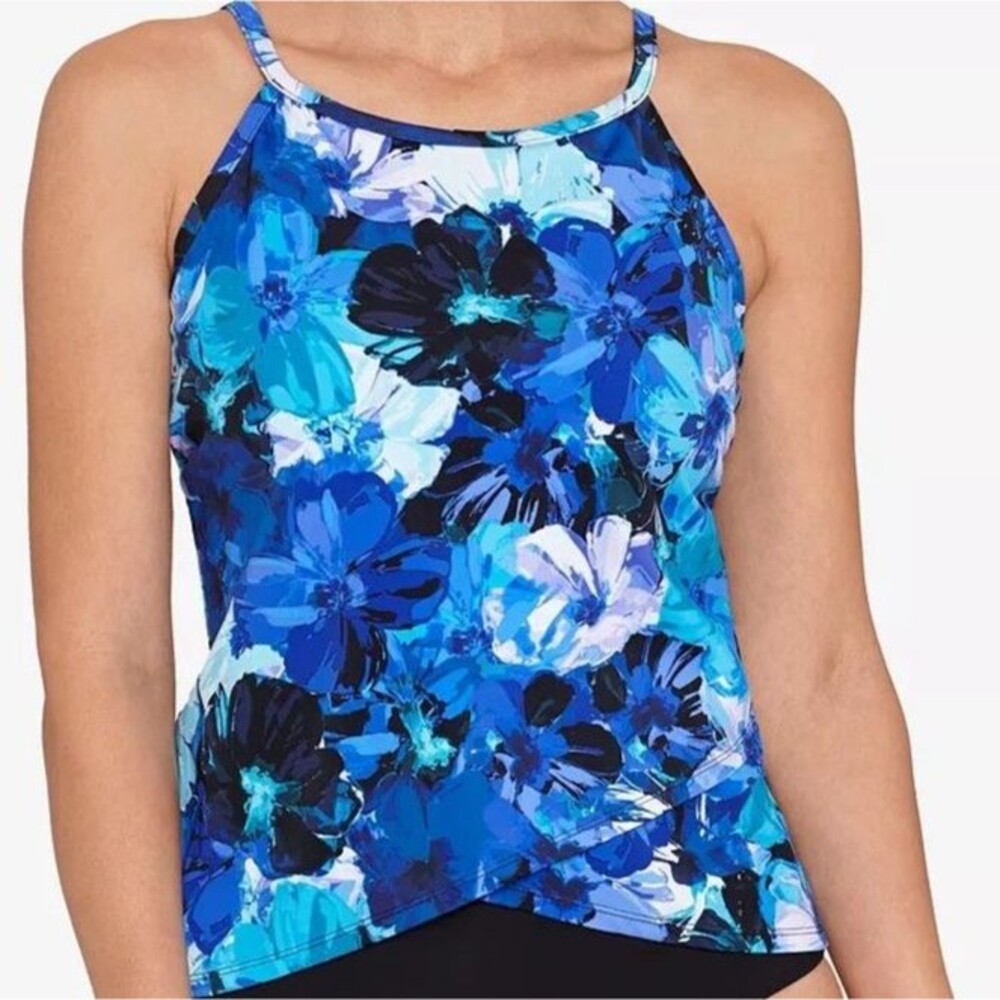 Swim Solutions Tankini Top Blue Underwired Hook & Eye Floral Swim Size 14